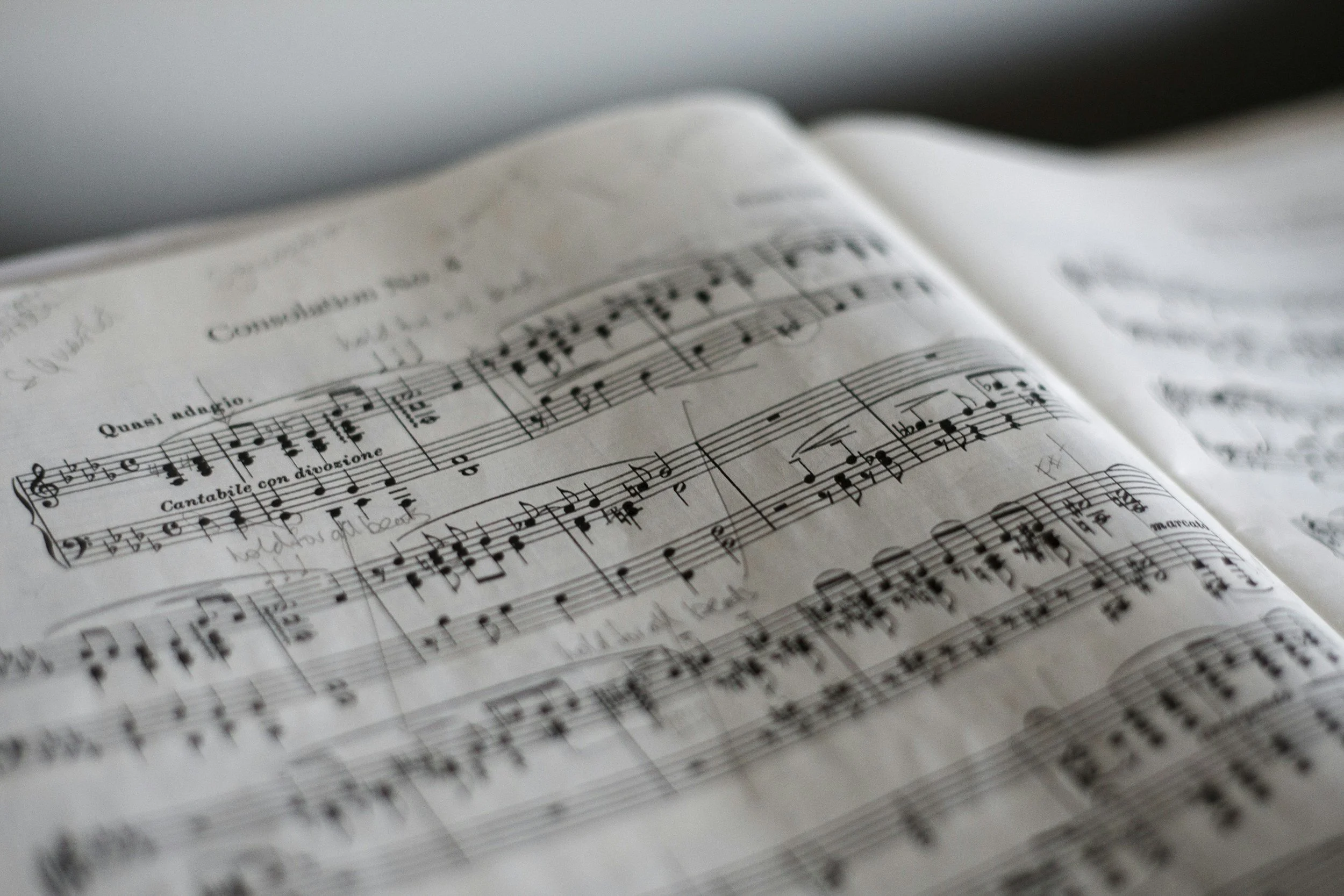 Offenes Notenblatt mit musikalischer Notation, inklusive Noten und Schriftlabels.